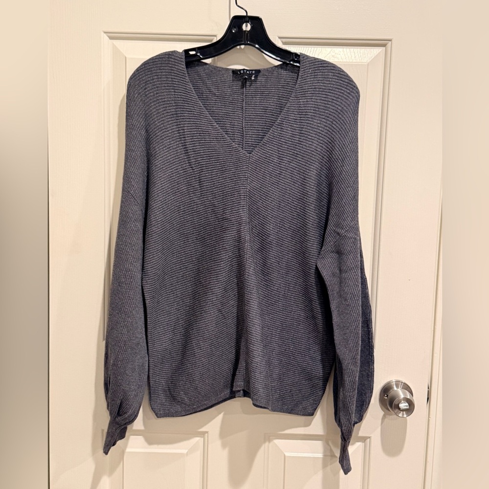1.STATE Women's Rib-Knit Bubble Sleeve Long Sleeve Sweater